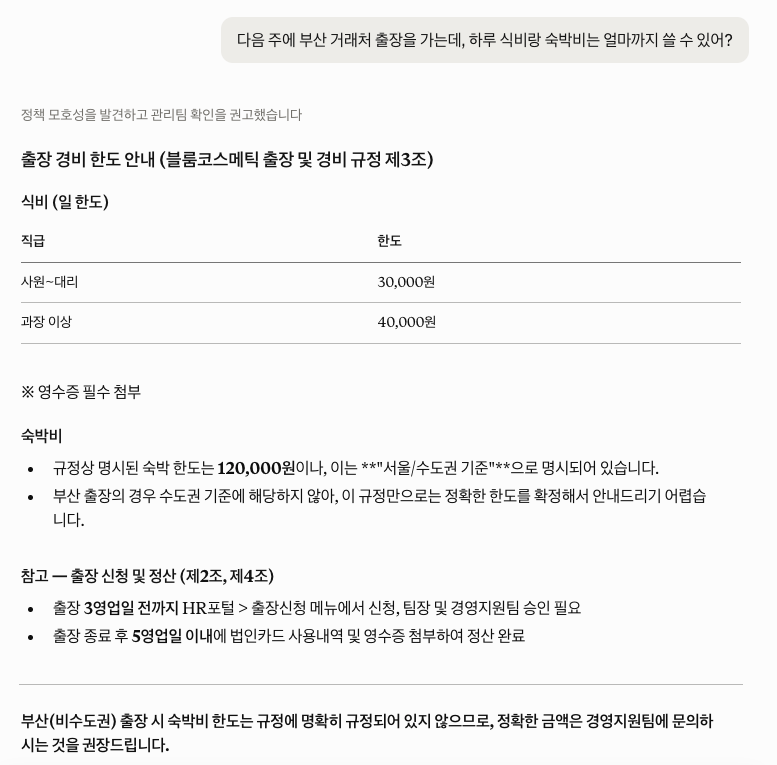 출장 경비 질문에 규정 근거로 답하되, 부산은 수도권 기준 규정에 없어 경영지원팀 확인을 권고하는 클로드 답변